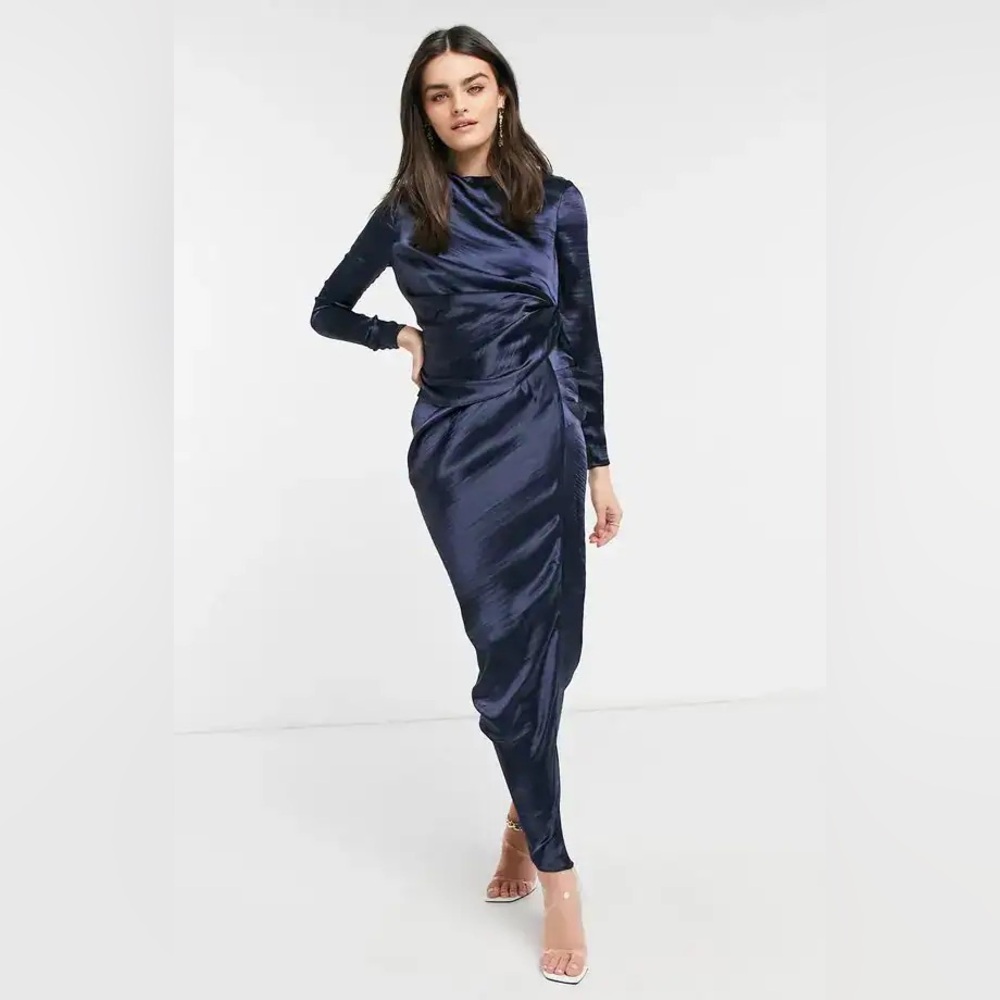 ASOS Long Sleeve Satin Draped Maxi Dress - Navy